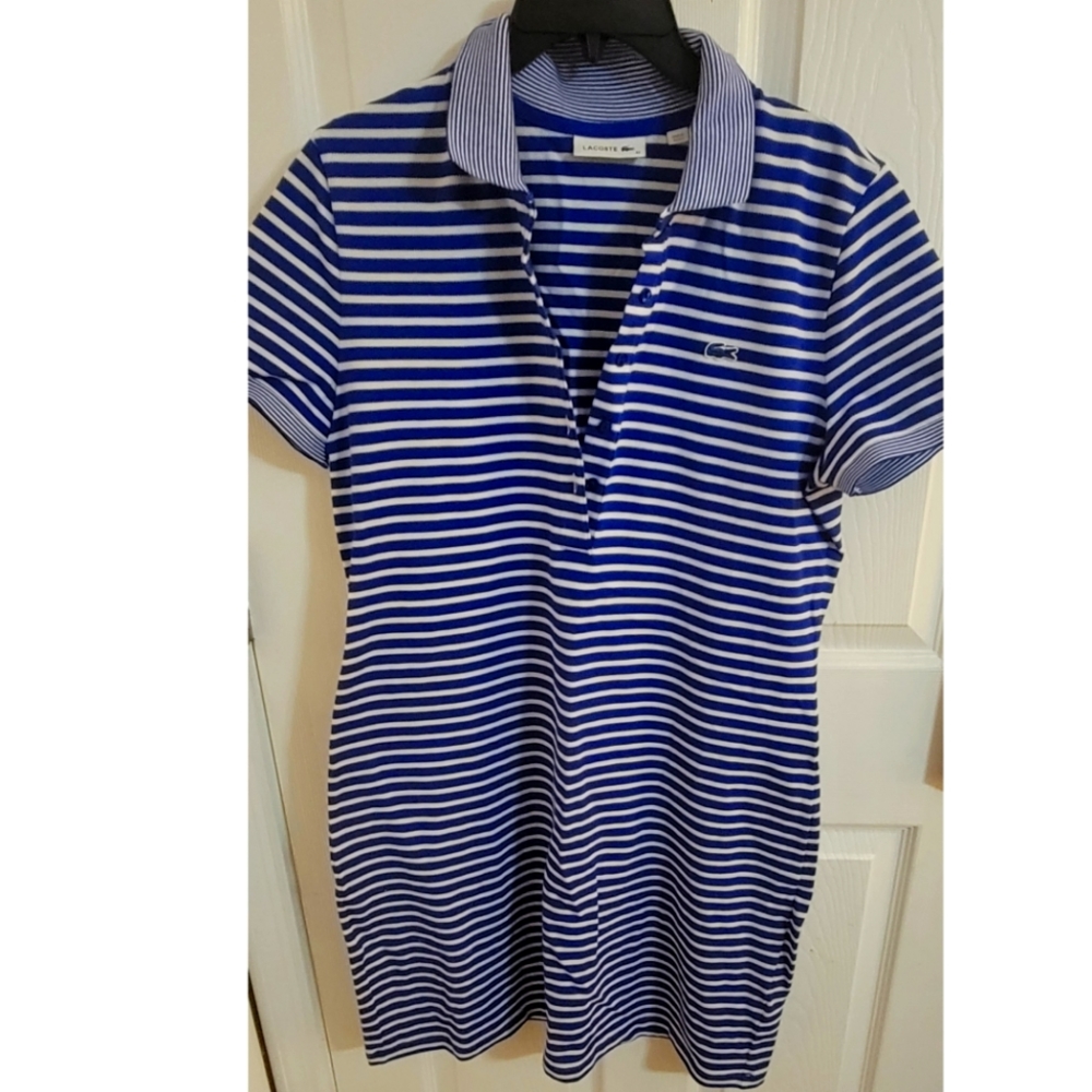 Lacoste Women's blue striped stretch polo dress size42 (Large)
